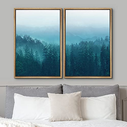 Framed Canvas Print Wall Art Set Woodland Nursery Decor Teal Mist & Fog Forest Tree Valley Nature Wilderness Decorative Landscape Zen for Living Room, Bedroom, Office - 24"x36"x2 Natural
