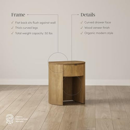 Nathan James Shay Solid Wood Nightstand, Modern Bedside Table with Drawer, Contemporary Rounded Nightstand Table for Bedroom, Light Brown Set of 2