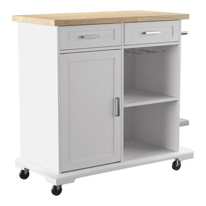 Warkin Rolling Kitchen Island with Storage - Transitional Design, White Glass and Wood - Ideal for Kitchen, Dining Room (KA1133961)