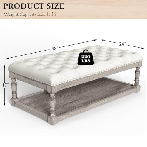 Ottoman Coffee Table, Large Rectangle Ottoman with Storage - Upholstered Cushioned Bench for Living Room, Tufted Linen Fabric with Solid Wood Shelf, Entryway Bench (Beige)