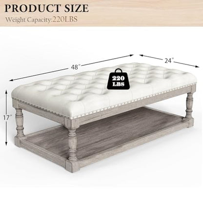 Ottoman Coffee Table, Large Rectangle Ottoman with Storage - Upholstered Cushioned Bench for Living Room, Tufted Linen Fabric with Solid Wood Shelf, Entryway Bench (Beige)