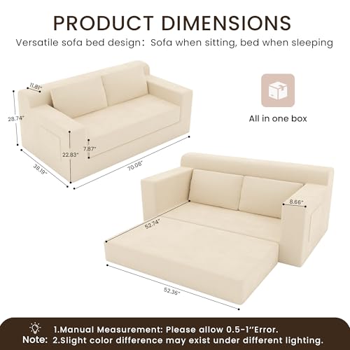 71" Boneless Loveseat Couch,Chenille Pullout Futon Couch,4 in 1 Folding 3 Seater Sofa Bed for Living Room,Boneless Cloud Couch with Storage Pocket & 2 Pillows,Beige