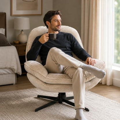 24" High Back Swivel Accent Chair for Living Room, Swivel Tilt Accent Chair, Comfy Reading Chair Oversized, Slightly Rocking Upholstered Armchair, Ergonomic Soft Fabric Modern Chair, Beige