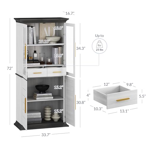 72" High Storage Cabinet with Adjustable Shelves and Drawers, Freestanding Cabinet with Ample Storage Space for Kitchen, Dining & Living Room - White