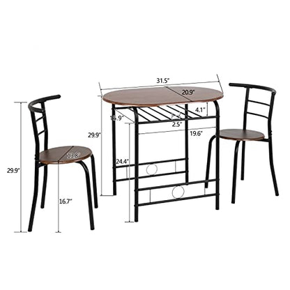 3 Piece Dining Set,Small Kitchen Table Set for 2,Breakfast Table Set for 2,Kitchen Wooden Table and 2 Chairs for Small Space/Dining Room/Apartment,Metal Frame,Wine Rack,Black&Walnut
