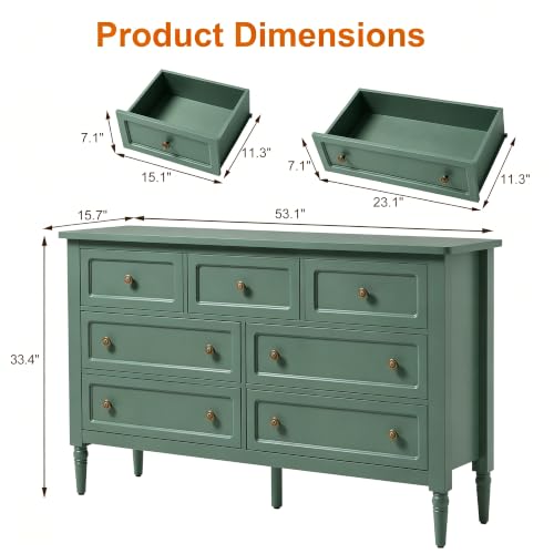 7 Drawer Dresser for Bedroom, 53" Wide Vintage Chest of Drawers, view 3