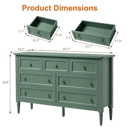 7 Drawer Dresser for Bedroom, 53" Wide Vintage Chest of Drawers, view 3