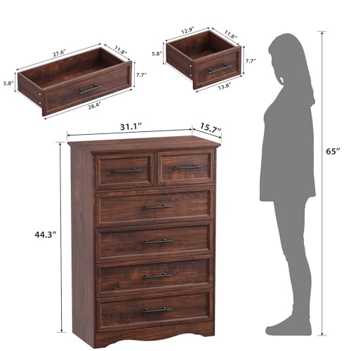 Walnut 6 Drawer Dresser for Bedroom, 44" Tall Chest of Drawers, view 4