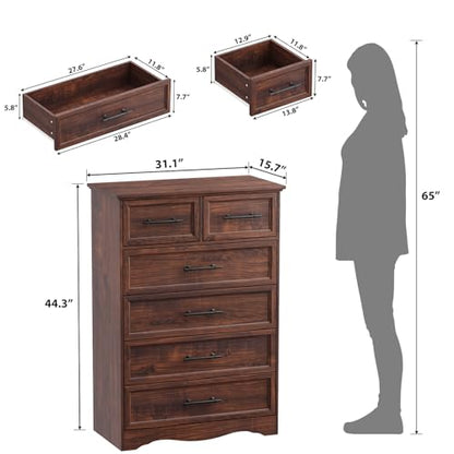 Walnut 6 Drawer Dresser for Bedroom, 44" Tall Chest of Drawers, view 4