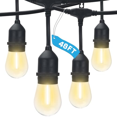 48FT LED Outdoor String Lights Commercial Grade Waterproof, 24 Edison S14 Shatterproof Bulbs, Hanging Lights for Patio, IP65, Decorative Outside Lights for Backyard Garden Cafe Balcony