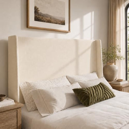 Queen Size Wingback Plush Upholstered Platform Bed Frame, White, view 5