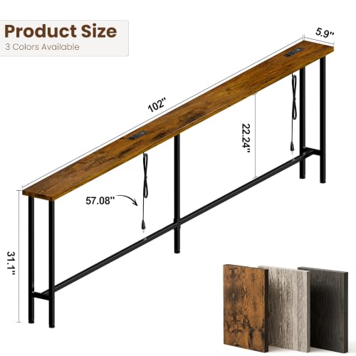 102 Inch Narrow Sofa Table with Power Outlets, Extra Long Console Table Behind Couch Table with Charging Station, Skinny Entryway Table Thin Table for Living Room, Narrow Spaces (Rustic Brown)
