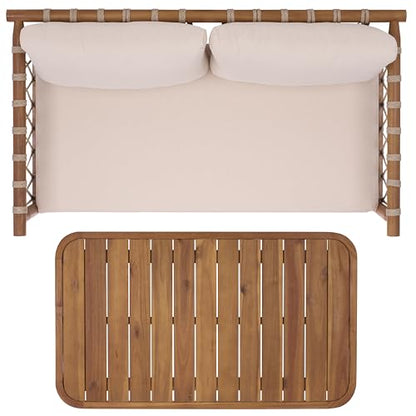 SAFAVIEH Outdoor Patio Furniture Collection - Sabrina Teak Brown & Cream Bench and Table Set, Solid Wood with Rope Detailing, Modern Coastal Style (PAT6810A)