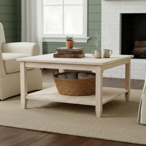 Solano Square Coffee Table, Solid Real Wood, Sturdy Parawood, Living Room/Family Room/Entryway, 32"W x 32"D x 18"H with Shelf, Paint/Stain Ready, Unfinished