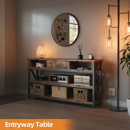 Console Table with Drawer Shelves, Entryway Table with 3 Tier Storage Shelves, Industrial Wood Hallway Sofa Table for Living Room, Couch, Foyer, Kitchen Counter, 47 Inch Rustic Brown