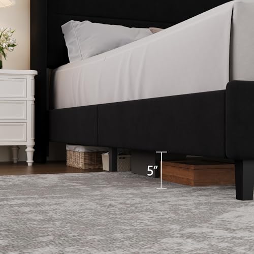 King Size Bed Frame with Wingback Headboard, Velvet Upholstered BedFrame, view 6