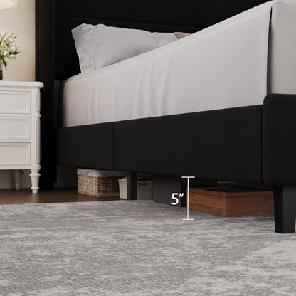 King Size Bed Frame with Wingback Headboard, Velvet Upholstered BedFrame, view 6