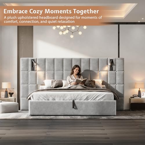 King Bed Frame Velvet Upholstered with Lift-Up Storage, Gray, view 6