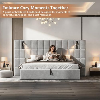 King Bed Frame Velvet Upholstered with Lift-Up Storage, Gray, view 6
