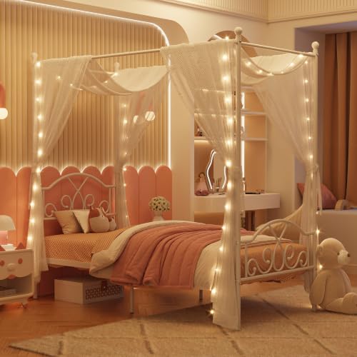 Twin Princess Canopy Bed Frame with 4 Posters, Twin Size Bed for Kids Girls, view 8