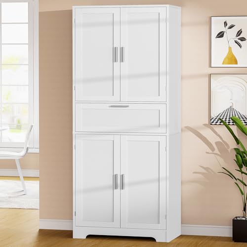 67" Tall Storage Cabinet, Rattan Cabinet with 2 Adjustable Shelves & Large Drawer, Pantry Cabinets for Kitchen, Living Room, Home Office, Natural | Adjustable Shelf