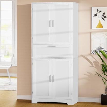 67" Tall Storage Cabinet, Rattan Cabinet with 2 Adjustable Shelves & Large Drawer, Pantry Cabinets for Kitchen, Living Room, Home Office, Natural | Adjustable Shelf