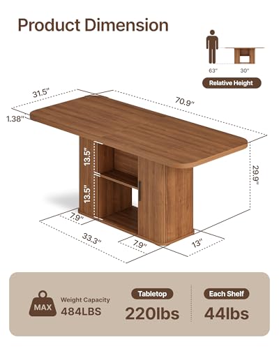 Mid-Centur Dinner Tables for 4/6/8, 70.9" Rectangle Dining Room Table with Large Tabletop and Sliding Tambour Doors, Fluted Dining Table 2-Layer Storage for Kitchen and Living Room, Walnut