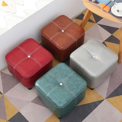 Square Foot Stool Upholstered in Oil Wax Leather with Soft Cushion and Anti Slip Design Easy to Clean and Ideal for Shoe Changing Beige Color 35CM Height Modern Footrest