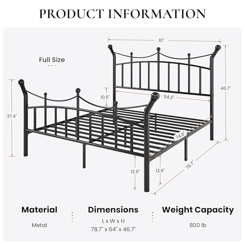 Full Size Metal Bed Frame, Victorian Crown Style, Black, view 3