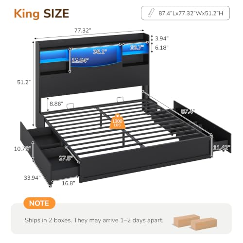 King Size Bed Frame with 4 Storage Drawers & 51" Bookcase Headboard, view 3