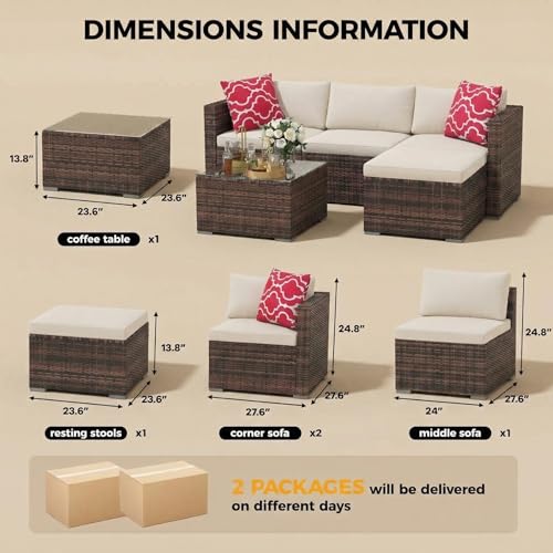 5 Pieces Patio Furniture Set, All Weather Wicker Rattan Sectional Sofa, Outdoor Patio Furniture Set with Washable Cushions for Garden, Backyard, Porch, Poolside (Brown&Beige)