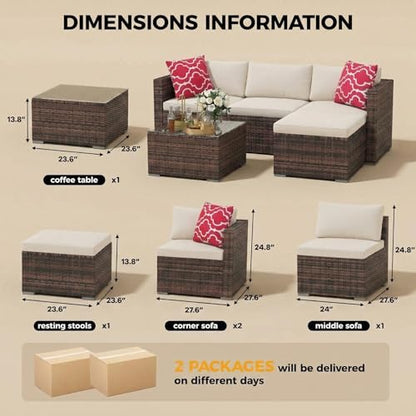 5 Pieces Patio Furniture Set, All Weather Wicker Rattan Sectional Sofa, Outdoor Patio Furniture Set with Washable Cushions for Garden, Backyard, Porch, Poolside (Brown&Beige)