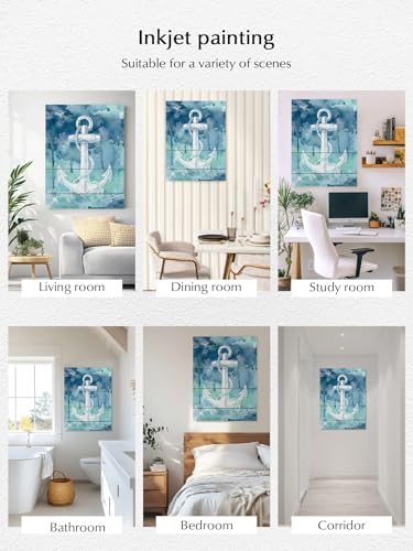 NuYeBiofx Nautical White Anchor Silhouette Canvas Wall Art Prints,48"x32" Framed Picture Artwork Farm Teal Ombre Wood Grain Printed Canvas Oil Painting for Living Room Bedroom Office,Ready to Hang