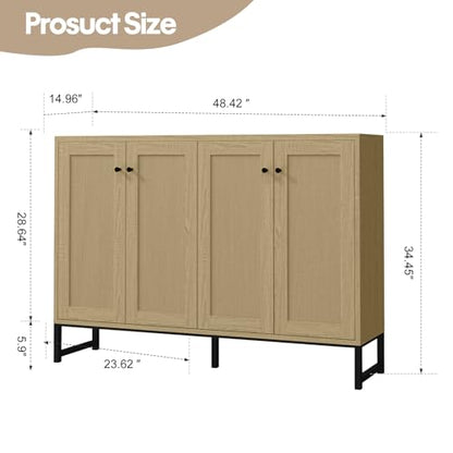 Sideboard Accent Storage Cabinet with Rattan Decorated 4 Doors Dining Room Freestanding Kitchen Buffet Table Cupboard (Natural)