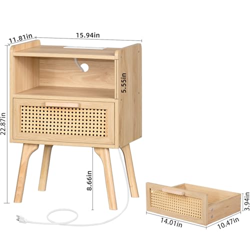 Rattan Nightstand with Charging Station, Boho Side Table with Drawer Open Shelf, Cane Accent Bedside End Table for Bedroom, Dorm and Small Spaces