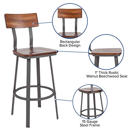 Flint Series Rustic Walnut Restaurant Barstool with Wood Seat & Back and Gray Powder Coat Frame