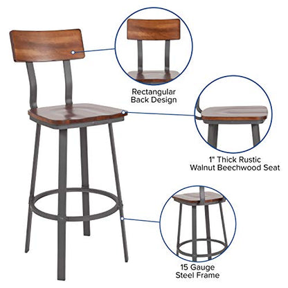 Flint Series Rustic Walnut Restaurant Barstool with Wood Seat & Back and Gray Powder Coat Frame