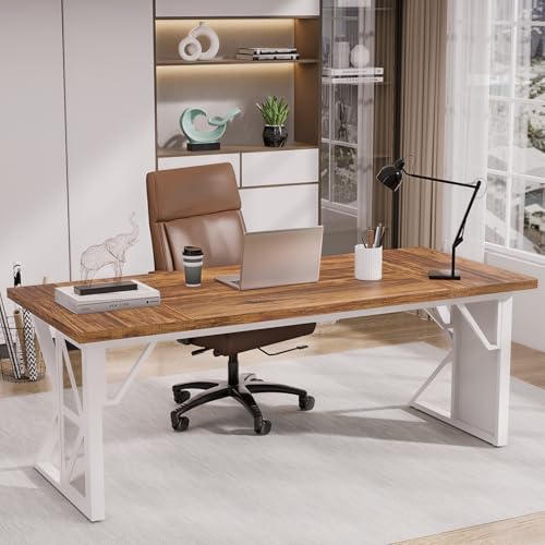 70.8" Executive Office Desk, Large Heavy-Duty Computer Desk for Home Office, Modern Writing Workstation with Rustic Brown Tabletop and White Metal Frame