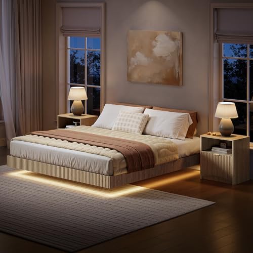 Bedroom Furniture Set-Bed with 2 Nightstands, Mid Century Modern Bedroom Set, Floating Bed Frame Led Lights, Fluted Floating Room Furnitures, 3-Piece Room Set (Nbh, Queen)