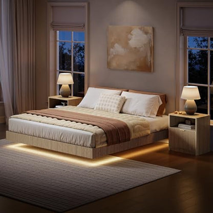 Bedroom Furniture Set-Bed with 2 Nightstands, Mid Century Modern Bedroom Set, Floating Bed Frame Led Lights, Fluted Floating Room Furnitures, 3-Piece Room Set (Nbh, Queen)