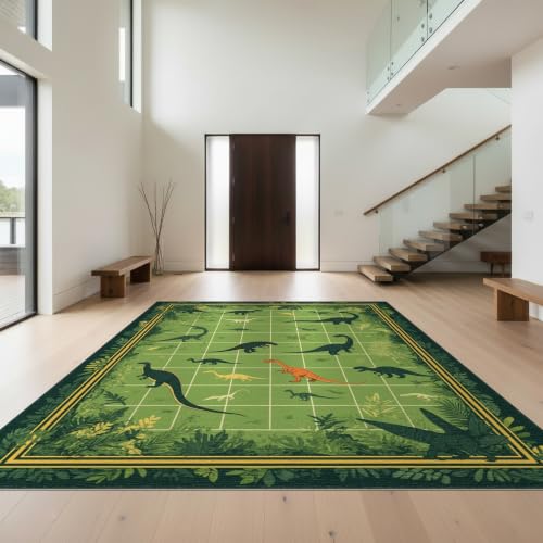 Design&I 8'x10' Green Forest Dinosaur World Grid Pattern Washable Area Rug | Bedroom Decor with Vibrant Dino Species in for King Size Bedroom, Under Bed, Sleek Flatweave Pet Friendly