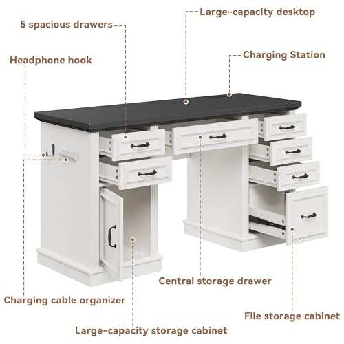Farmhouse 57" Executive Desk with 7 Drawers, Home Office Desk with File Cabinet Storage, Computer Desk with Charging Station and Headphone Hook for Work, Study, Writing, White