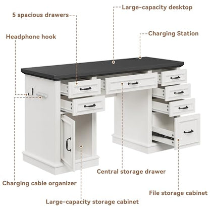 Farmhouse 57" Executive Desk with 7 Drawers, Home Office Desk with File Cabinet Storage, Computer Desk with Charging Station and Headphone Hook for Work, Study, Writing, White