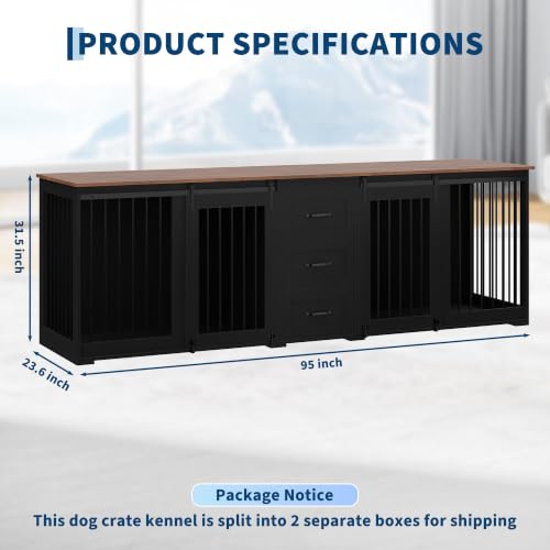Large Dog Crate Furniture, Farmhouse Double Dog Kennel TV Stand w/ 3 Drawers, view 3