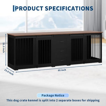 Large Dog Crate Furniture, Farmhouse Double Dog Kennel TV Stand w/ 3 Drawers, view 3