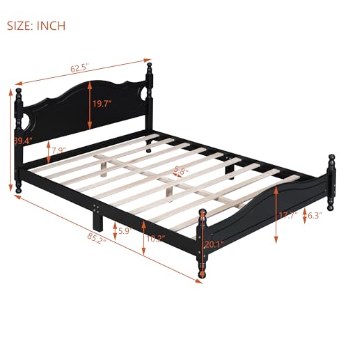 JIVOIT Retro Style Platform Bed with Headboard and Footboard, Queen Size Wood Platform Bed Frame with Wooden Slat Support, Solid Wood Foundation, No Box Spring Required (Black,Queen,5)