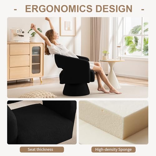 Swivel Barrel Accent Chair, Oversized Teddy Upholstered Round Swivel Chairs Set of 2, Modern Luxury 360° Living Room Vanity Chair for Bedroom Office&Living Room, Black