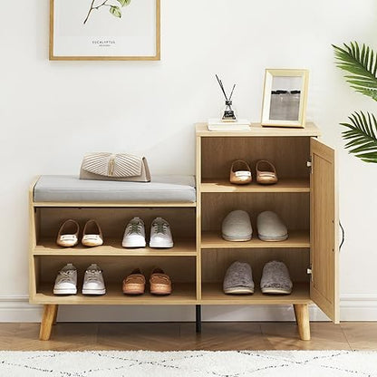 GAOMON 2-in-1 Natural Rattan Shoe Storage Bench with Upholstered, Shoe Cabinets with Adjustable Shelf, Home Entrance Shoe Rack for Hallway Living Room Bedroom Dorm and Small Apartment