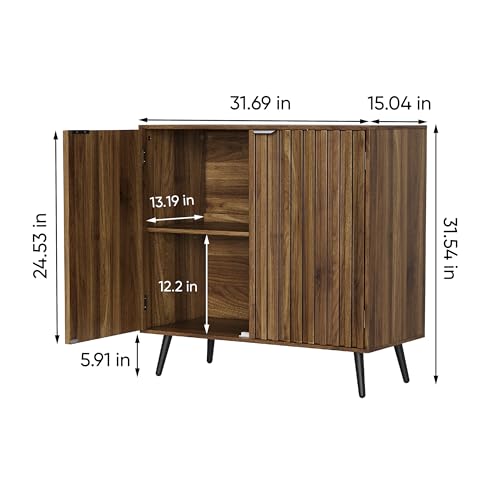 Walnut Buffet Cabinet with Storage, Sideboard Cabinet with Fluted Doors and Metal Legs, Storage Cabinet with Adjustable Shelf, Accent Table for Living Room, Dining Room, Kitchen, Entryway