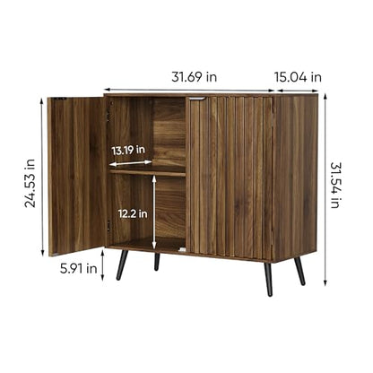 Walnut Buffet Cabinet with Storage, Sideboard Cabinet with Fluted Doors and Metal Legs, Storage Cabinet with Adjustable Shelf, Accent Table for Living Room, Dining Room, Kitchen, Entryway
